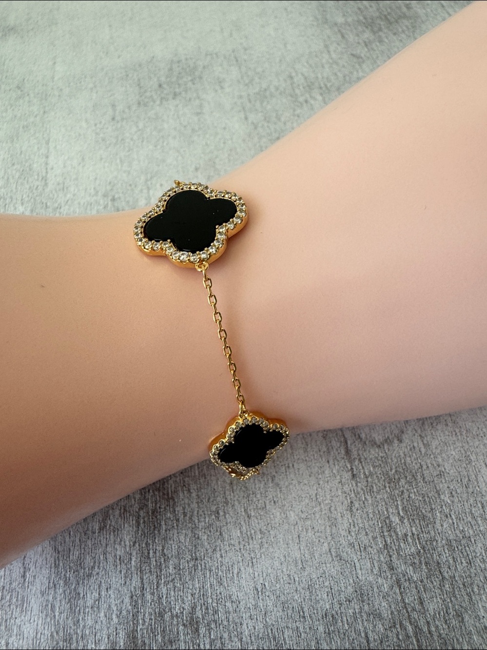 Rachel Zoe 14K Gold Plated Brass Pave 3 Clover Onyx Bracelet - Picture 3 of 9
